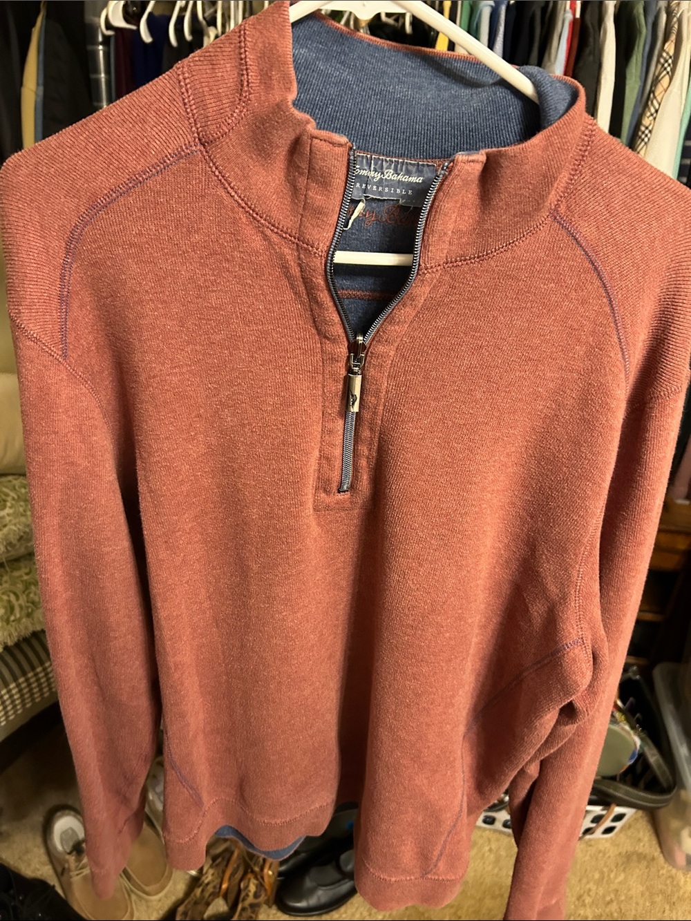 Tommy Bahama Men's Brick Red Quarter-Zip Pullover with Navy Trim